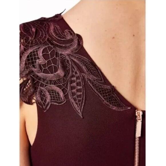 TED BAKER London Jalis Lace One-Shoulder Burgundy Dress Size 3 NEW - Picture 11 of 11